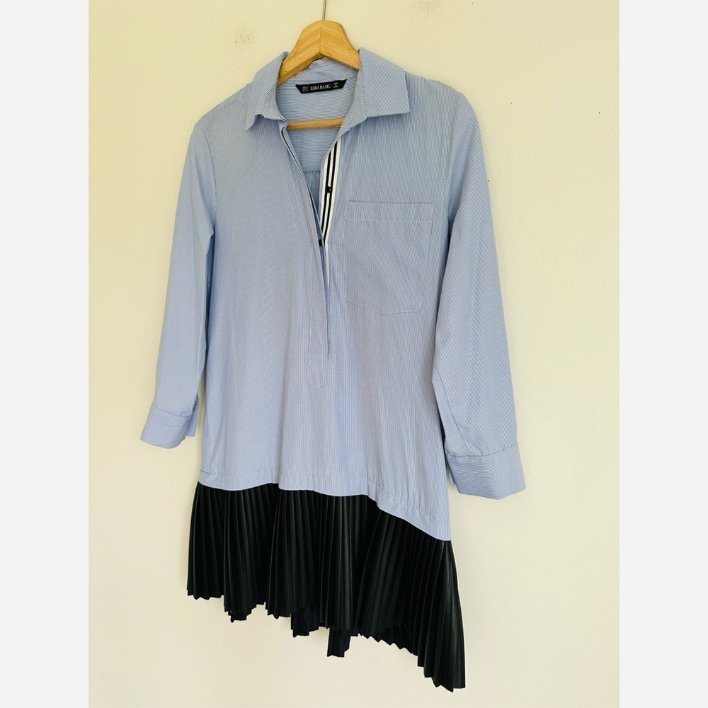 Zara Contrasting Shirt Dress Stripes and Black Faux Leather Skirt Blue Black - Picture 6 of 9